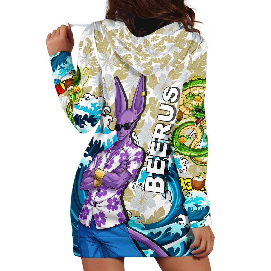 Beerus Dragon Ball Summer Theme Hoodie Dress with Floral Shirt Sunglasses Shenron and Ocean Wave Background - The Mazicc