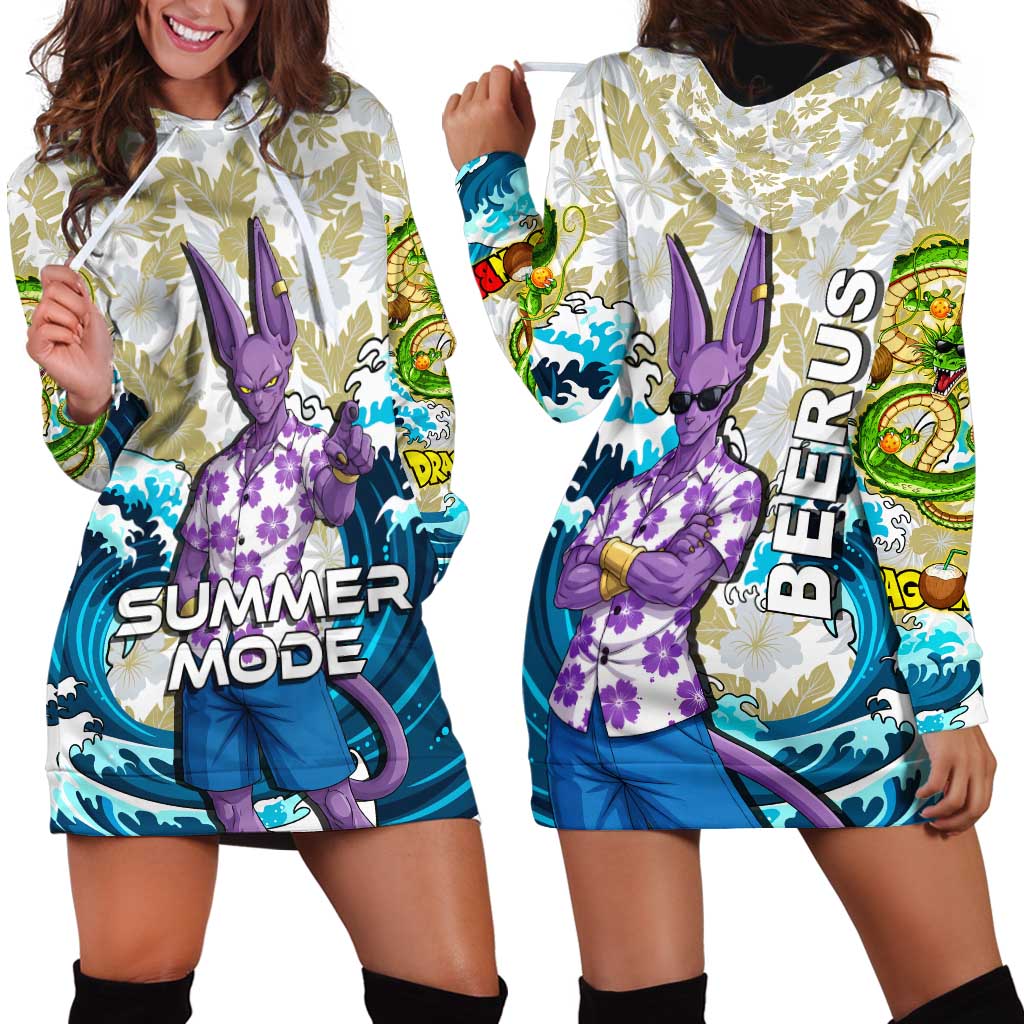 Beerus Dragon Ball Summer Theme Hoodie Dress with Floral Shirt Sunglasses Shenron and Ocean Wave Background - The Mazicc