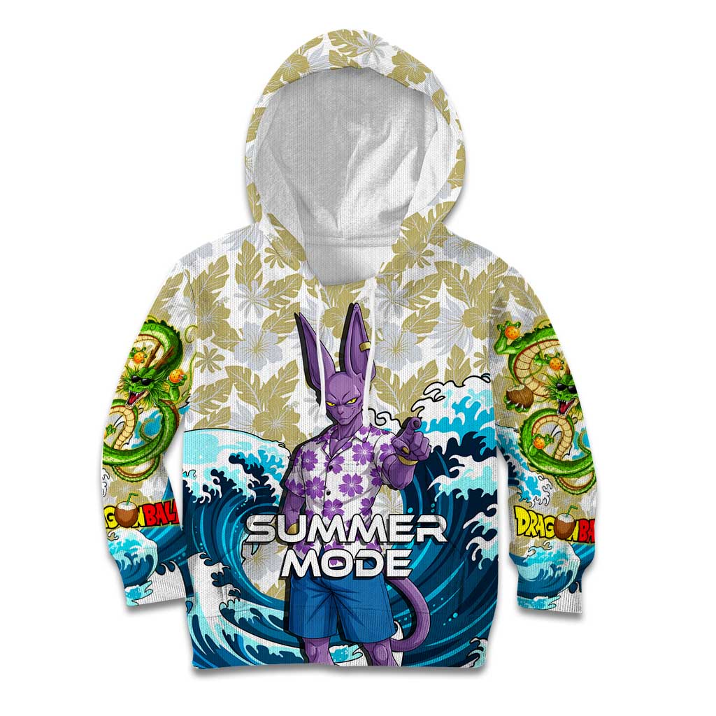 Beerus Dragon Ball Summer Theme Kid Hoodie with Floral Shirt Sunglasses Shenron and Ocean Wave Background - The Mazicc