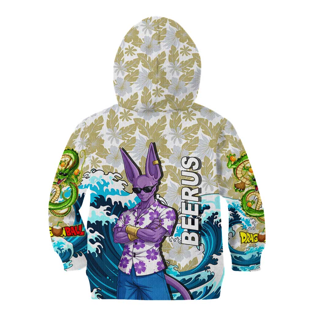 Beerus Dragon Ball Summer Theme Kid Hoodie with Floral Shirt Sunglasses Shenron and Ocean Wave Background - The Mazicc