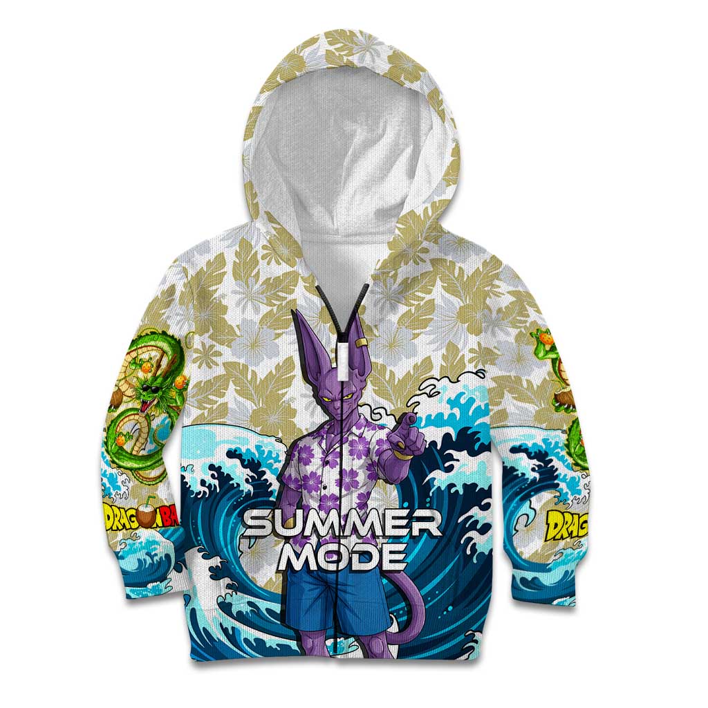 Beerus Dragon Ball Summer Theme Kid Hoodie with Floral Shirt Sunglasses Shenron and Ocean Wave Background - The Mazicc