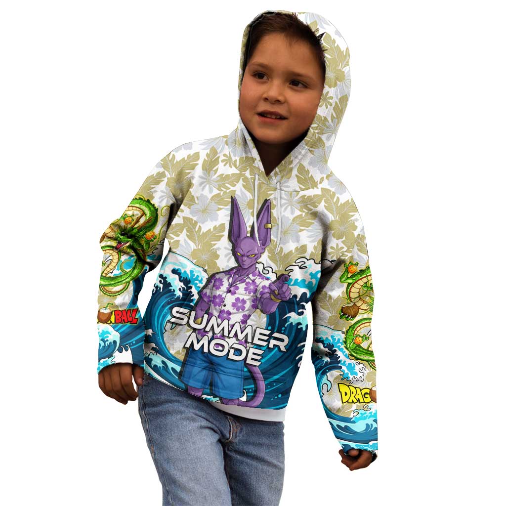 Beerus Dragon Ball Summer Theme Kid Hoodie with Floral Shirt Sunglasses Shenron and Ocean Wave Background - The Mazicc