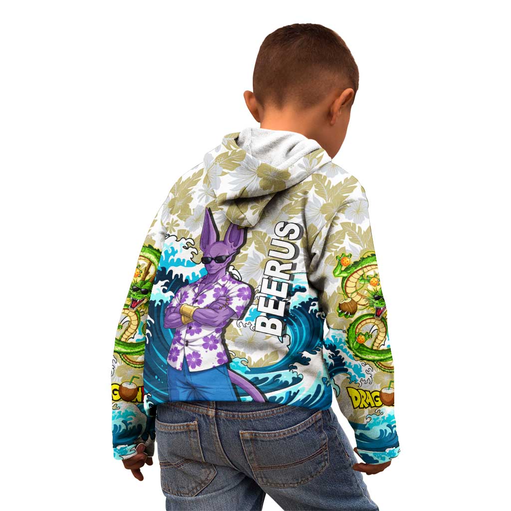Beerus Dragon Ball Summer Theme Kid Hoodie with Floral Shirt Sunglasses Shenron and Ocean Wave Background - The Mazicc