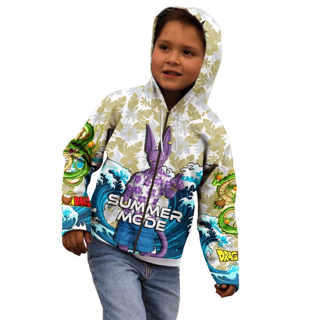 Beerus Dragon Ball Summer Theme Kid Hoodie with Floral Shirt Sunglasses Shenron and Ocean Wave Background - The Mazicc