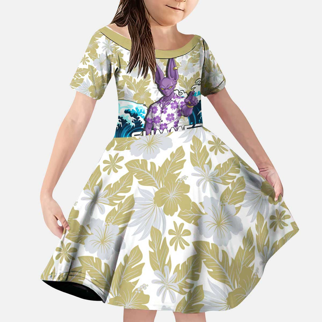 Beerus Dragon Ball Summer Theme Kid Short Sleeve Dress with Floral Shirt Sunglasses Shenron and Ocean Wave Background - The Mazicc