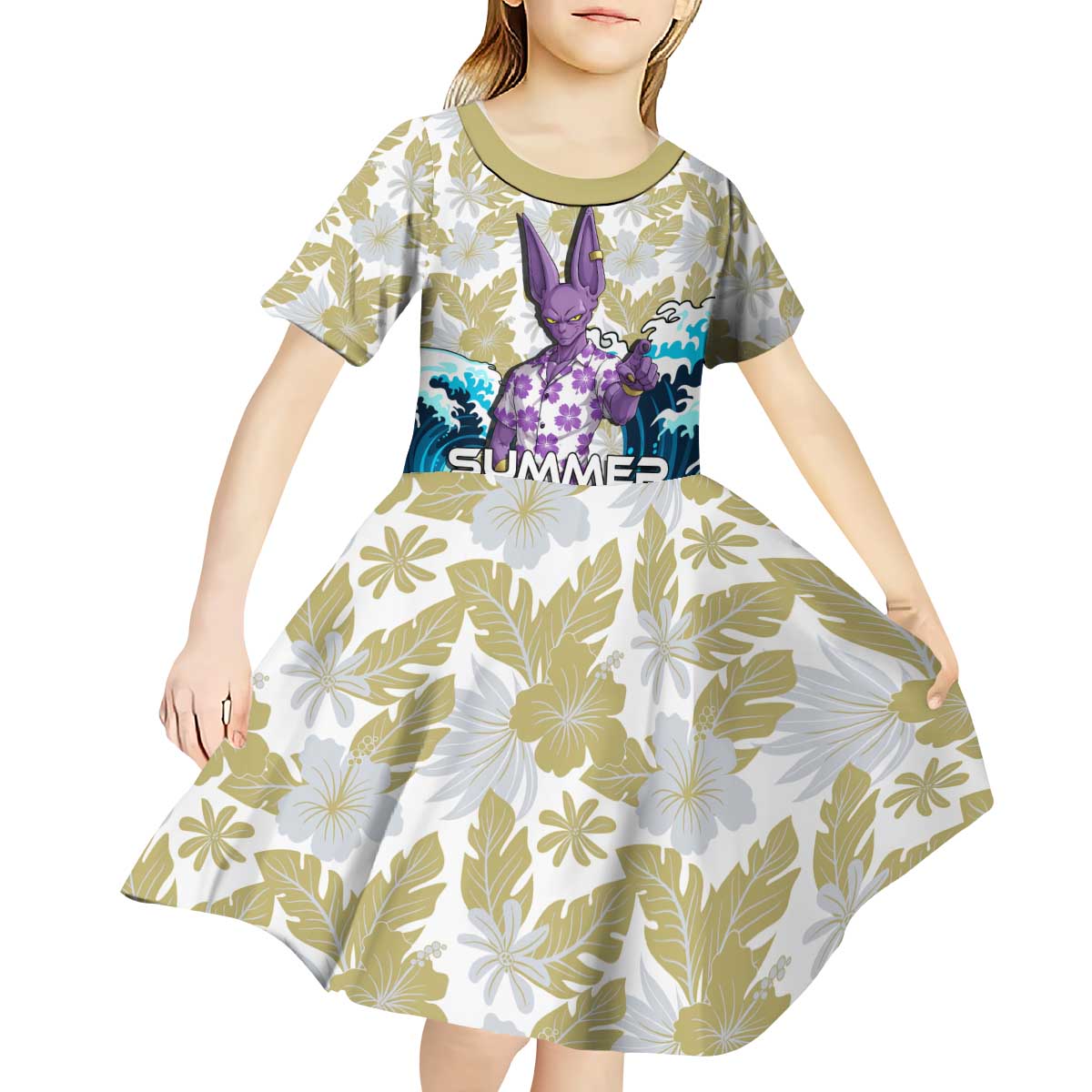 Beerus Dragon Ball Summer Theme Kid Short Sleeve Dress with Floral Shirt Sunglasses Shenron and Ocean Wave Background - The Mazicc
