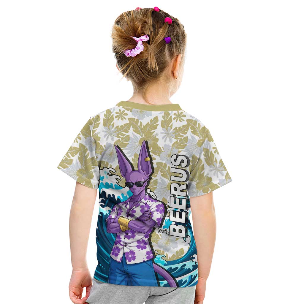 Beerus Dragon Ball Summer Theme Kid T Shirt with Floral Shirt Sunglasses Shenron and Ocean Wave Background - The Mazicc