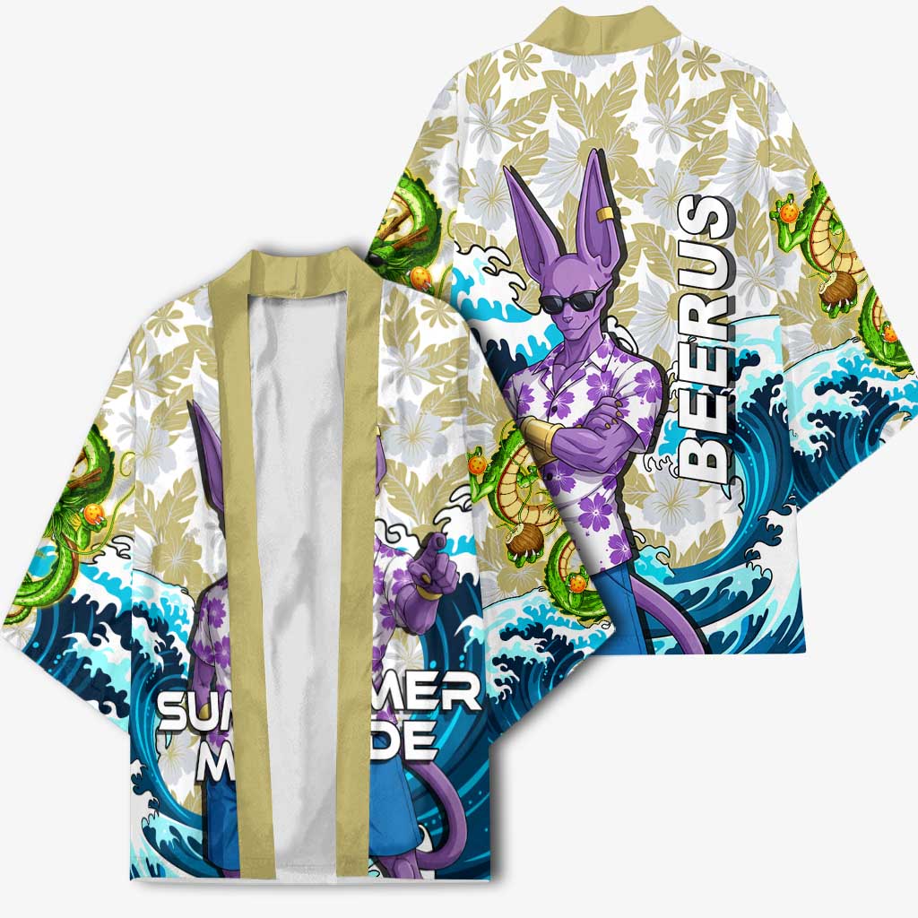 Beerus Dragon Ball Summer Theme Kimono with Floral Shirt Sunglasses Shenron and Ocean Wave Background - The Mazicc