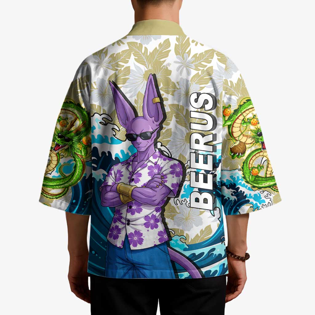 Beerus Dragon Ball Summer Theme Kimono with Floral Shirt Sunglasses Shenron and Ocean Wave Background - The Mazicc