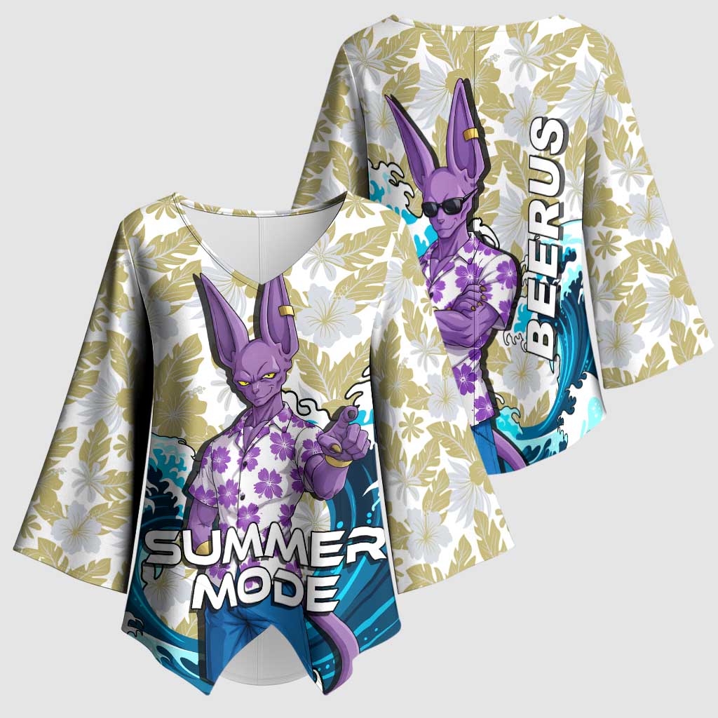 Beerus Dragon Ball Summer Theme Kimono Sleeve Blouse with Floral Shirt Sunglasses Shenron and Ocean Wave Background - The Mazicc