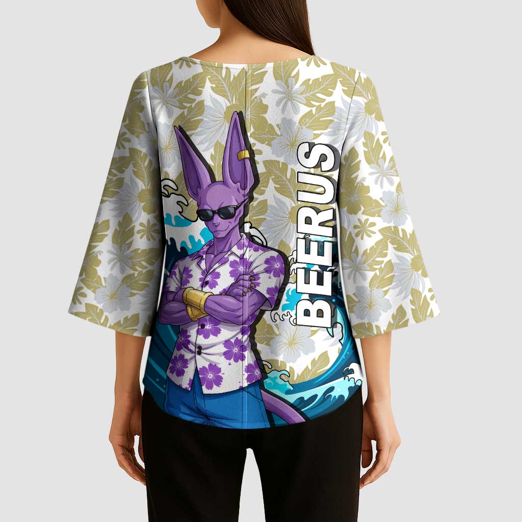 Beerus Dragon Ball Summer Theme Kimono Sleeve Blouse with Floral Shirt Sunglasses Shenron and Ocean Wave Background - The Mazicc