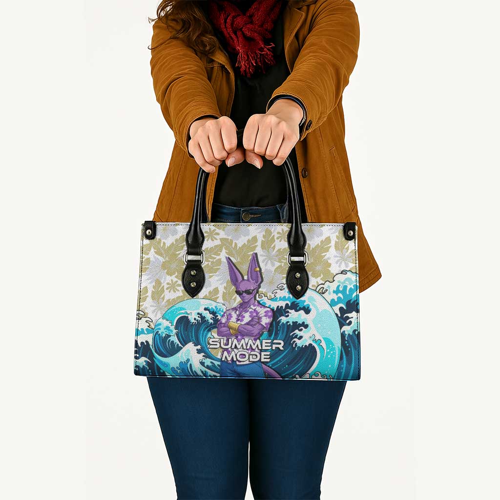 Beerus Dragon Ball Summer Theme Leather Bag with Floral Shirt Sunglasses Shenron and Ocean Wave Background - The Mazicc