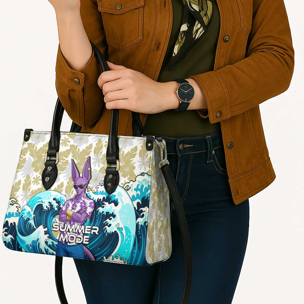 Beerus Dragon Ball Summer Theme Leather Bag with Floral Shirt Sunglasses Shenron and Ocean Wave Background - The Mazicc