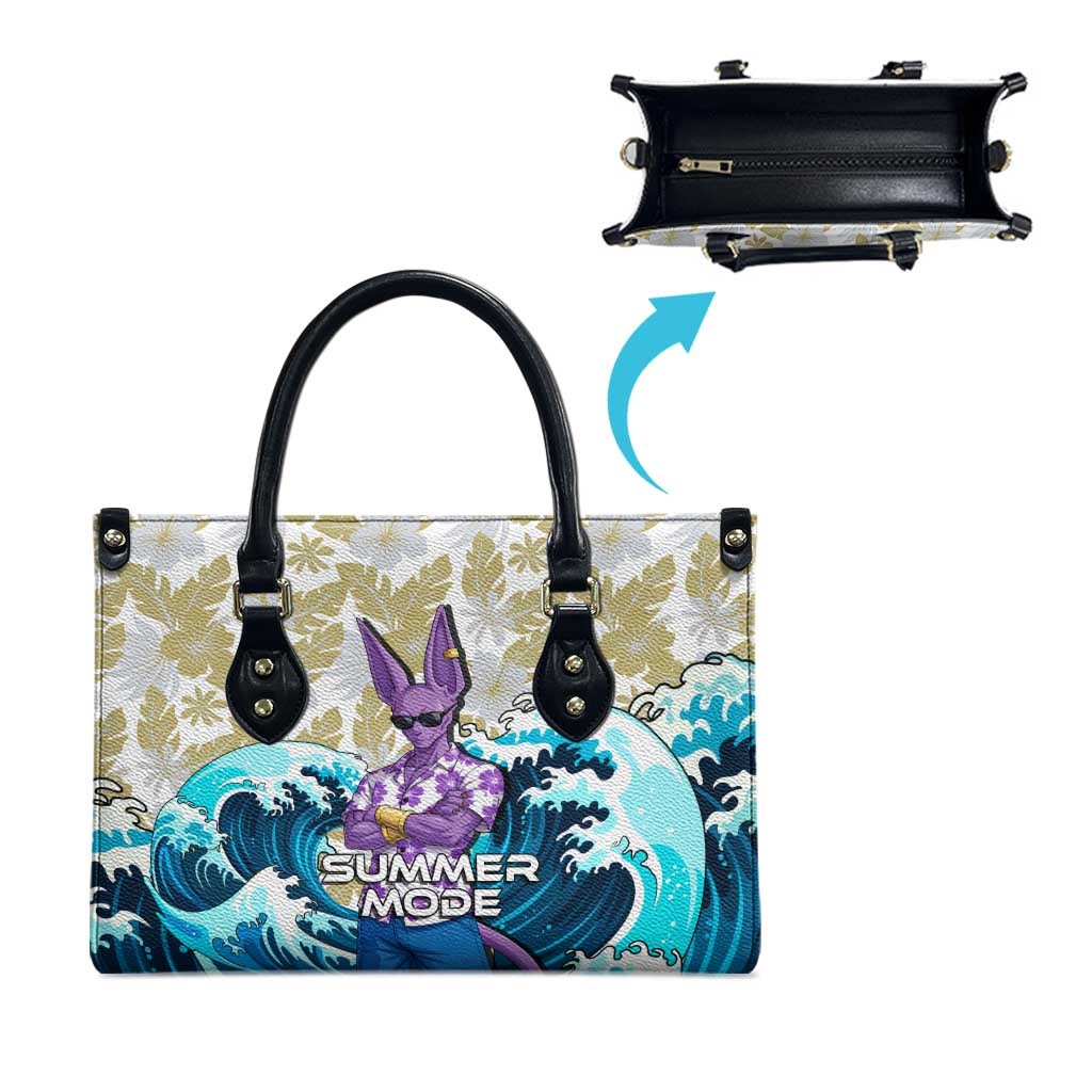 Beerus Dragon Ball Summer Theme Leather Bag with Floral Shirt Sunglasses Shenron and Ocean Wave Background - The Mazicc