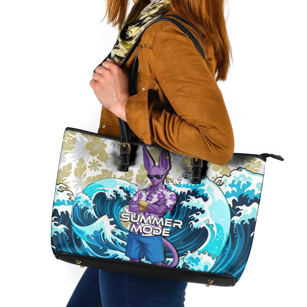 Beerus Dragon Ball Summer Theme Leather Tote Bag with Floral Shirt Sunglasses Shenron and Ocean Wave Background - The Mazicc