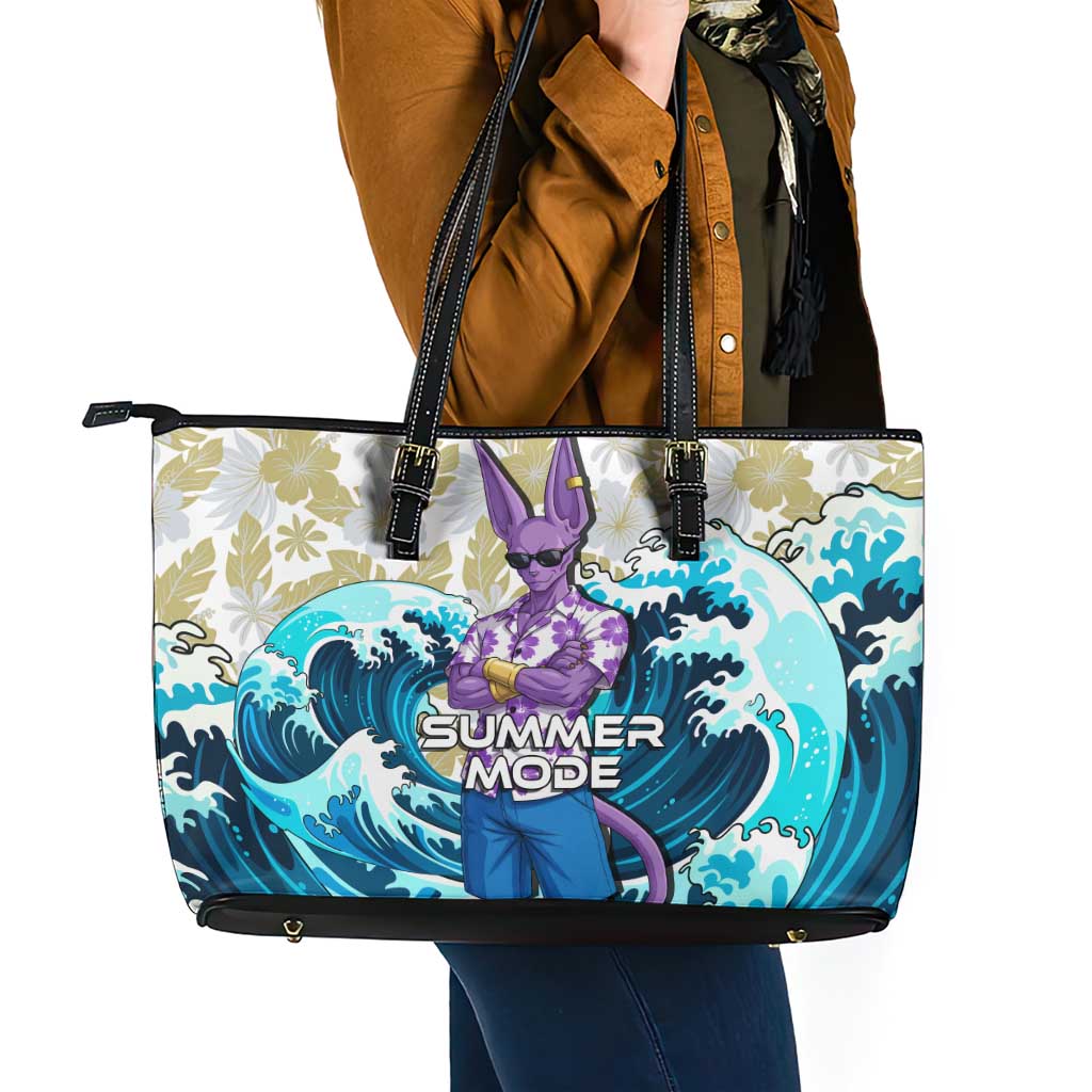 Beerus Dragon Ball Summer Theme Leather Tote Bag with Floral Shirt Sunglasses Shenron and Ocean Wave Background - The Mazicc