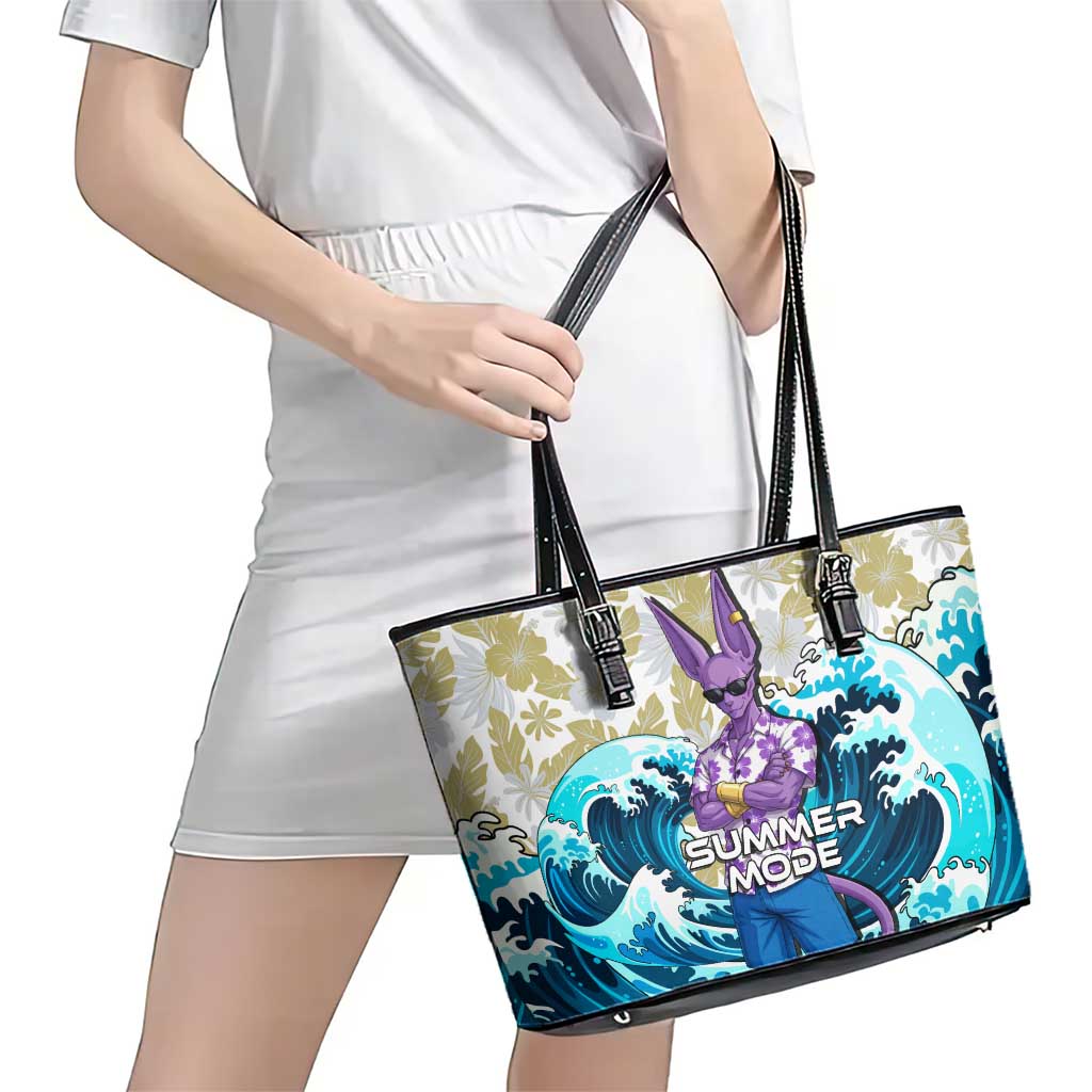 Beerus Dragon Ball Summer Theme Leather Tote Bag with Floral Shirt Sunglasses Shenron and Ocean Wave Background - The Mazicc