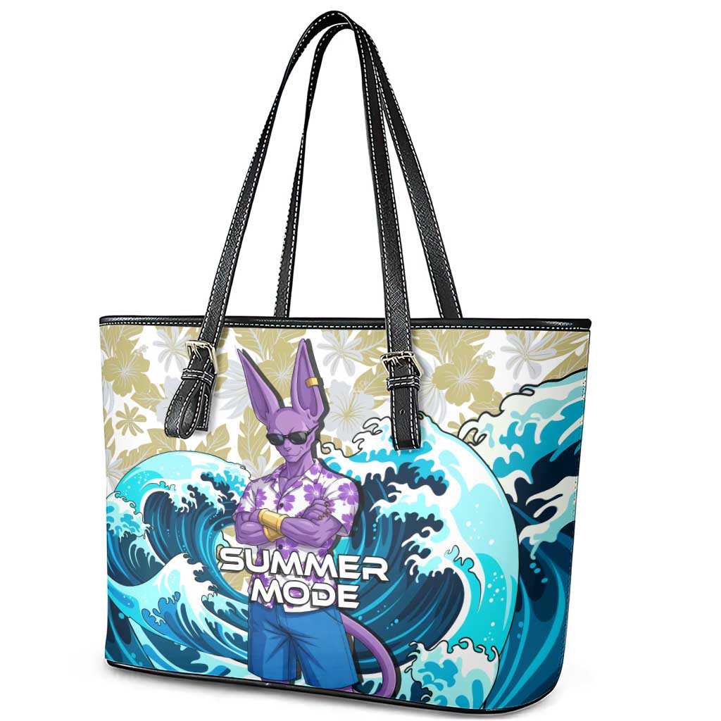 Beerus Dragon Ball Summer Theme Leather Tote Bag with Floral Shirt Sunglasses Shenron and Ocean Wave Background - The Mazicc