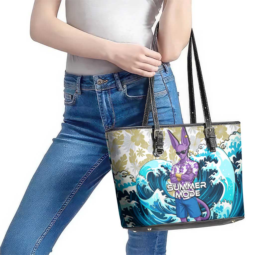 Beerus Dragon Ball Summer Theme Leather Tote Bag with Floral Shirt Sunglasses Shenron and Ocean Wave Background - The Mazicc