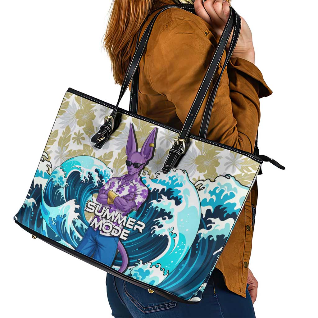 Beerus Dragon Ball Summer Theme Leather Tote Bag with Floral Shirt Sunglasses Shenron and Ocean Wave Background - The Mazicc