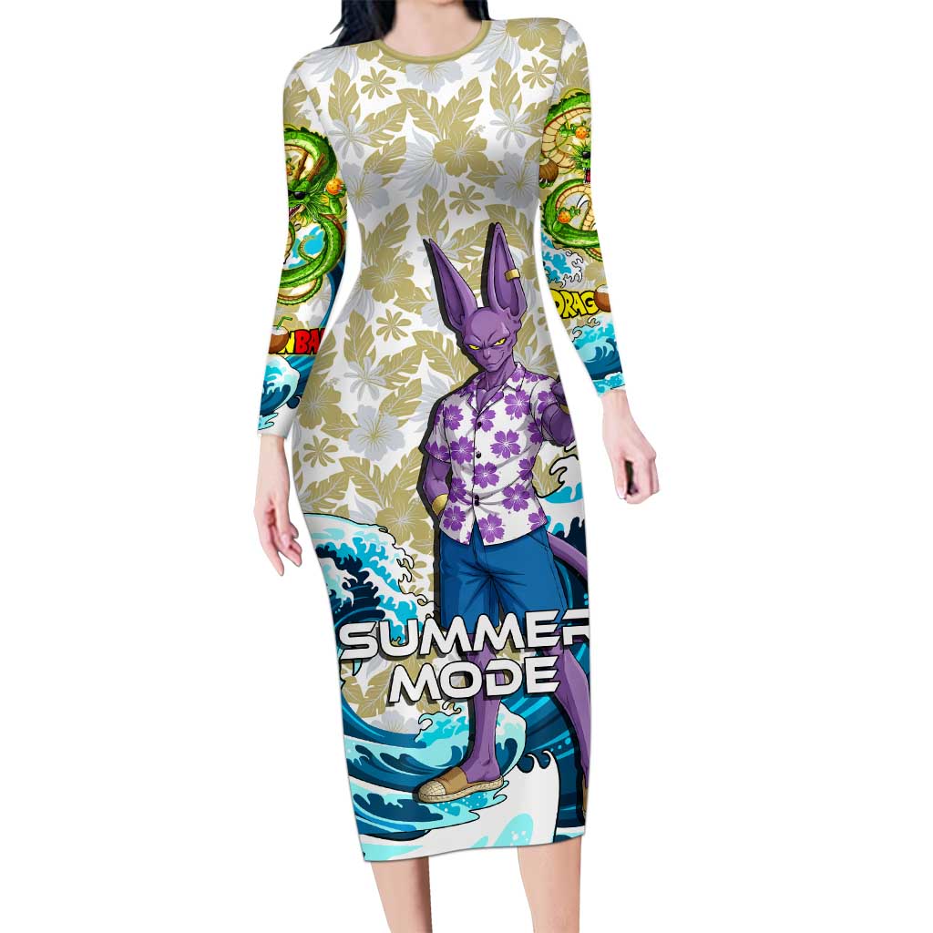 Beerus Dragon Ball Summer Theme Long Sleeve Bodycon Dress with Floral Shirt Sunglasses Shenron and Ocean Wave Background - The Mazicc