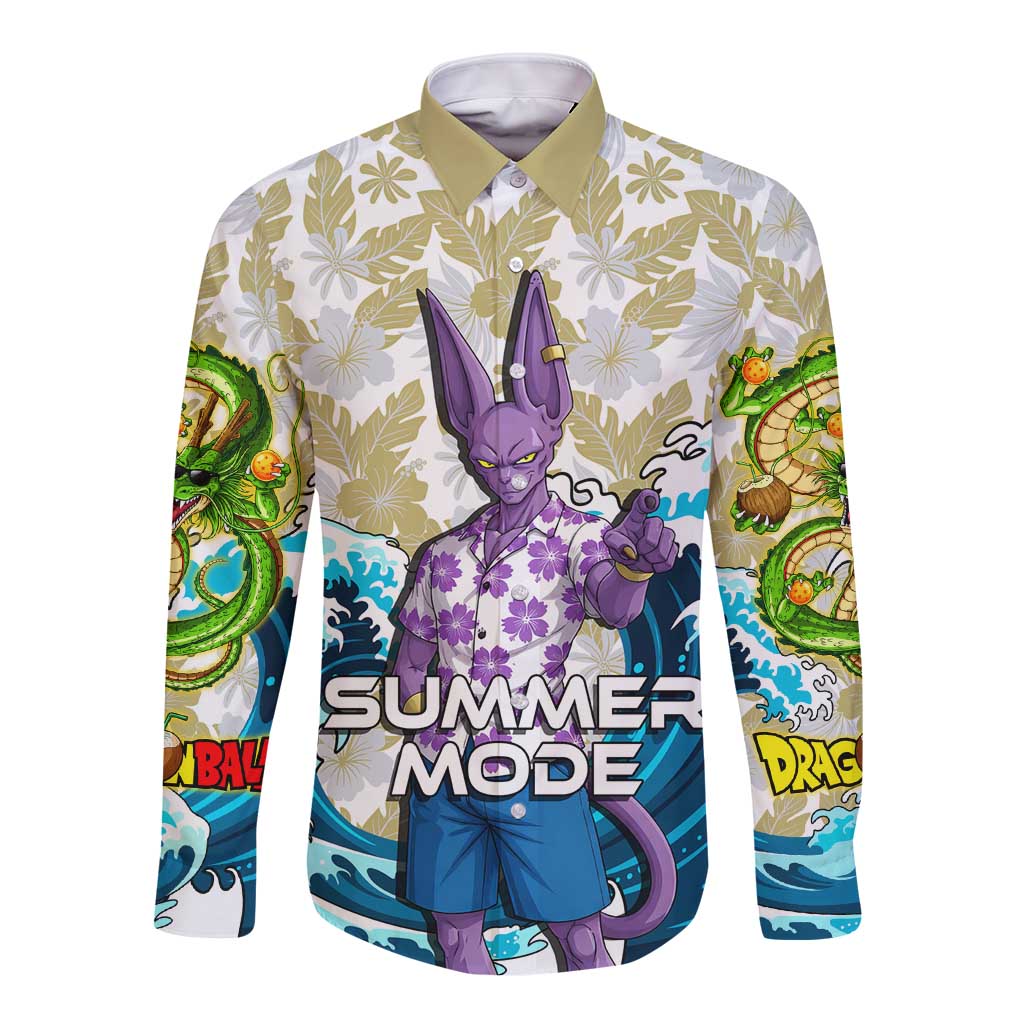 Beerus Dragon Ball Summer Theme Long Sleeve Button Shirt with Floral Shirt Sunglasses Shenron and Ocean Wave Background - The Mazicc