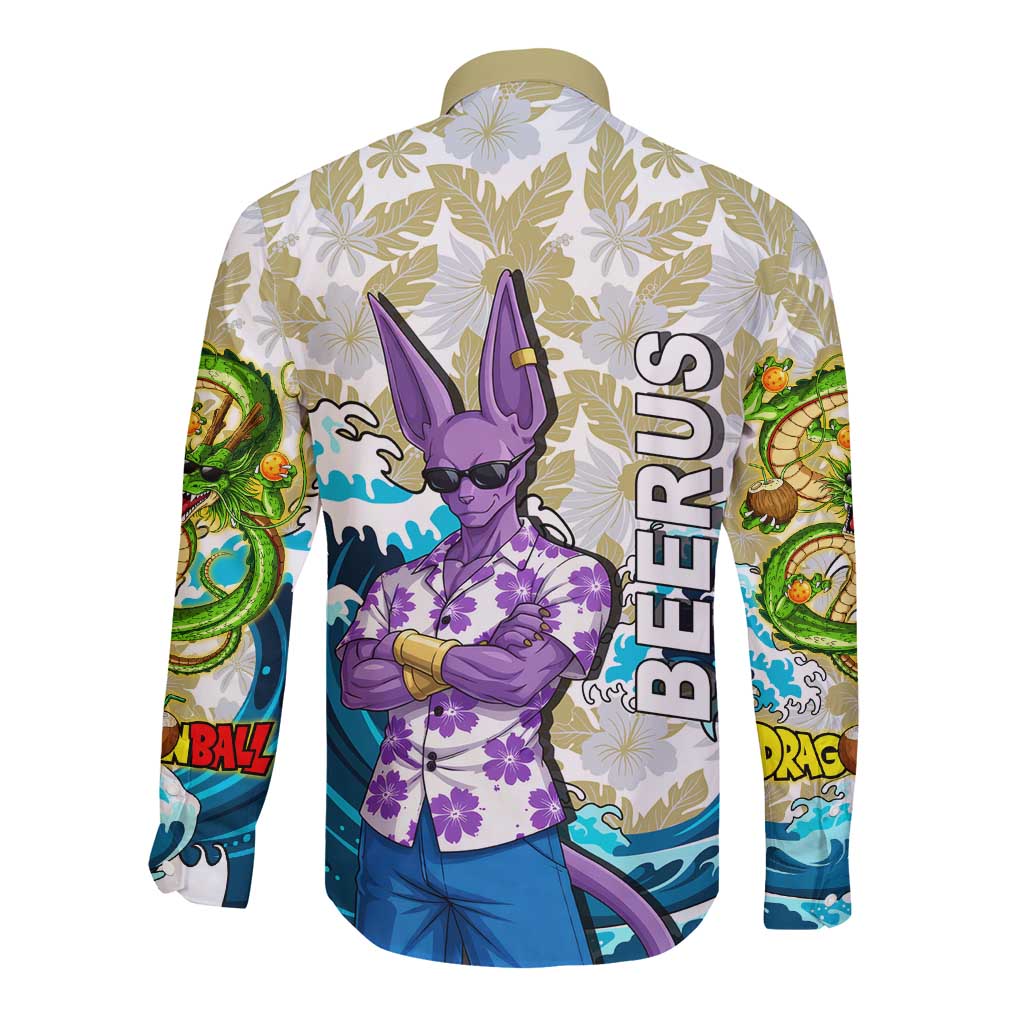 Beerus Dragon Ball Summer Theme Long Sleeve Button Shirt with Floral Shirt Sunglasses Shenron and Ocean Wave Background - The Mazicc