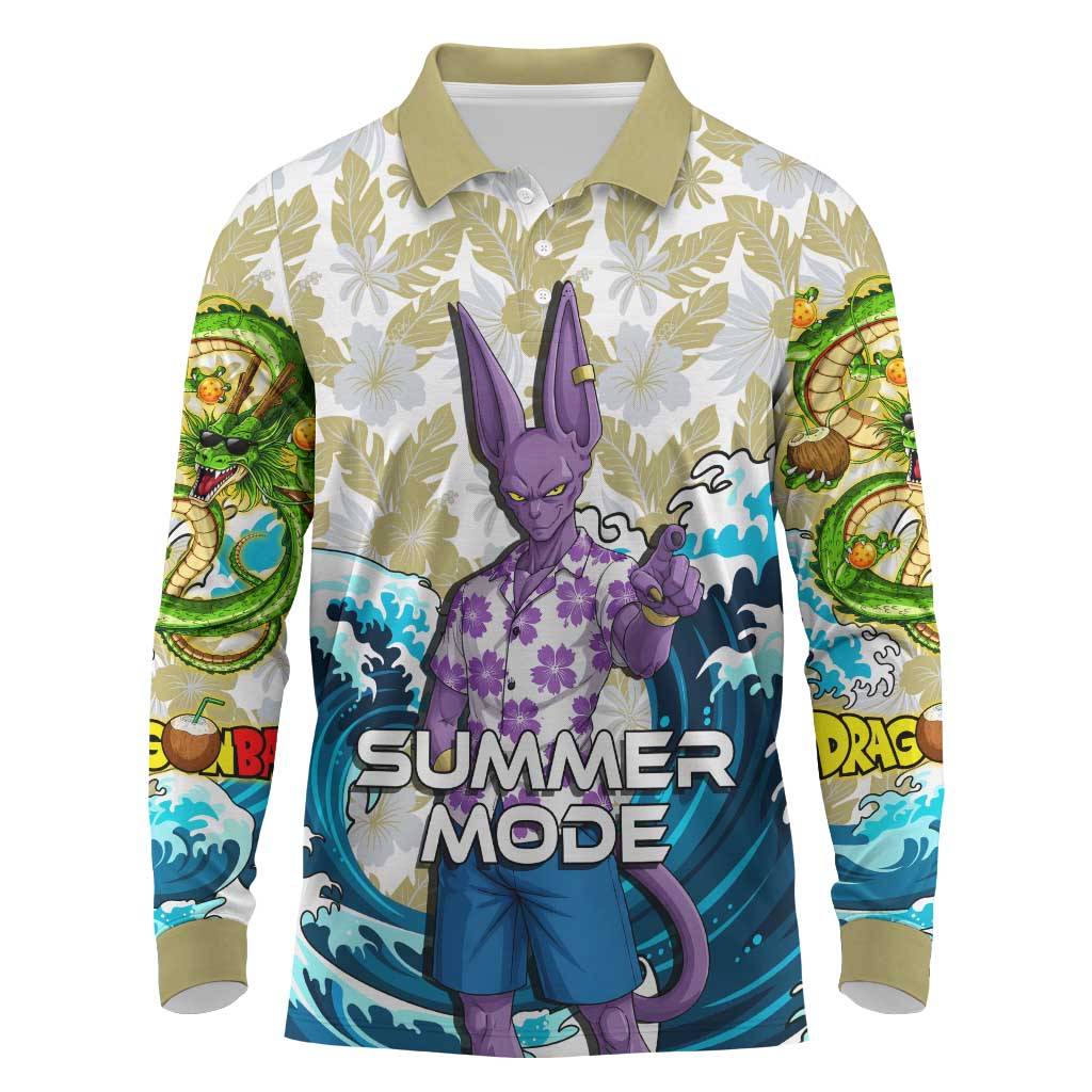 Beerus Dragon Ball Summer Theme Long Sleeve Polo Shirt with Floral Shirt Sunglasses Shenron and Ocean Wave Background - The Mazicc