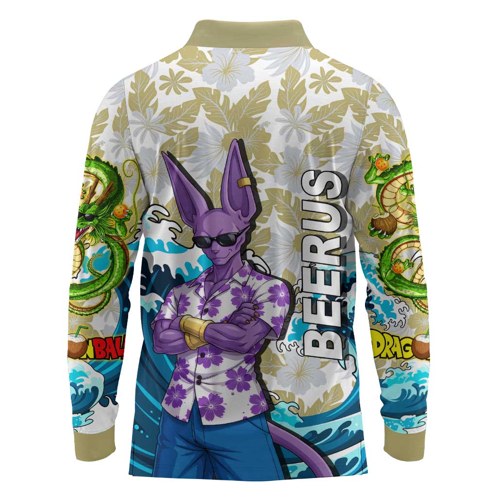Beerus Dragon Ball Summer Theme Long Sleeve Polo Shirt with Floral Shirt Sunglasses Shenron and Ocean Wave Background - The Mazicc