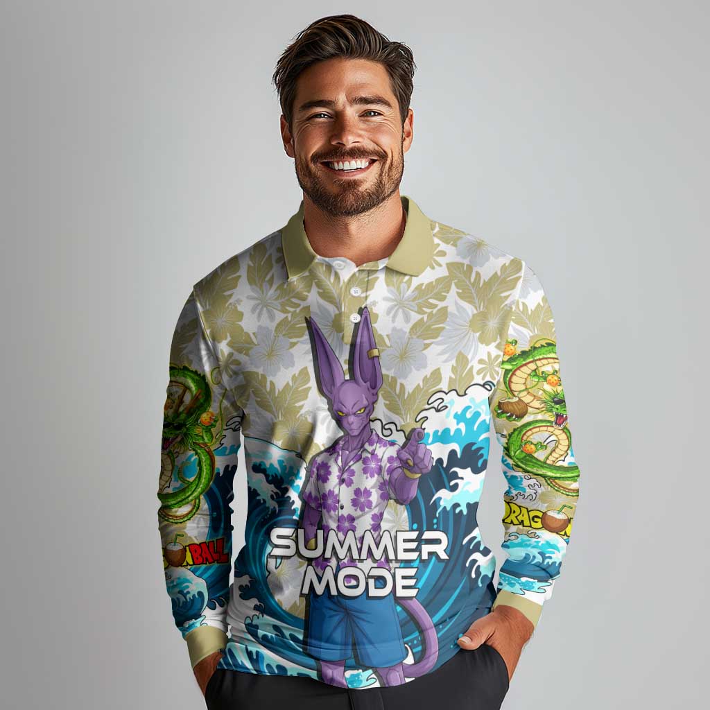 Beerus Dragon Ball Summer Theme Long Sleeve Polo Shirt with Floral Shirt Sunglasses Shenron and Ocean Wave Background - The Mazicc