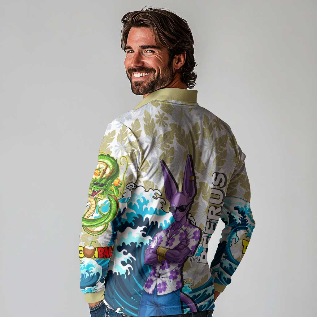 Beerus Dragon Ball Summer Theme Long Sleeve Polo Shirt with Floral Shirt Sunglasses Shenron and Ocean Wave Background - The Mazicc