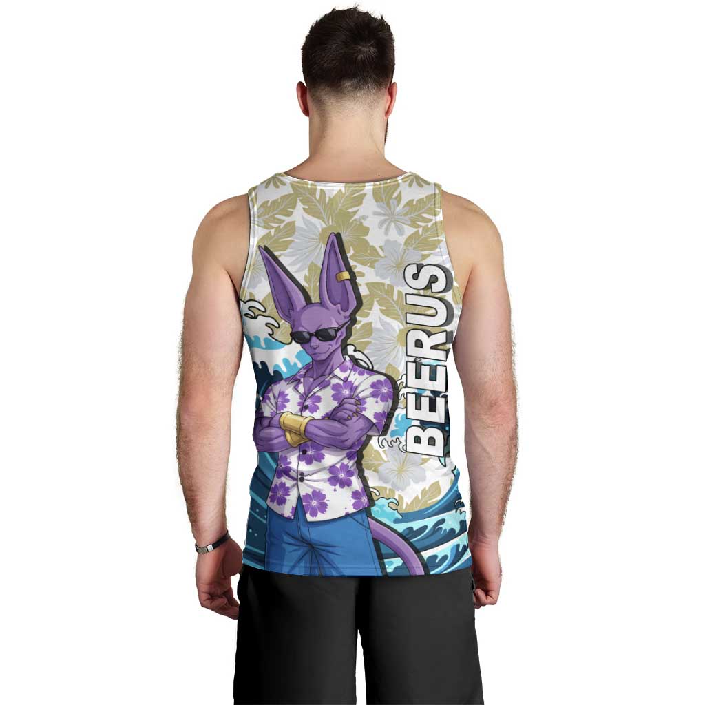 Beerus Dragon Ball Summer Theme Men Tank Top with Floral Shirt Sunglasses Shenron and Ocean Wave Background - The Mazicc