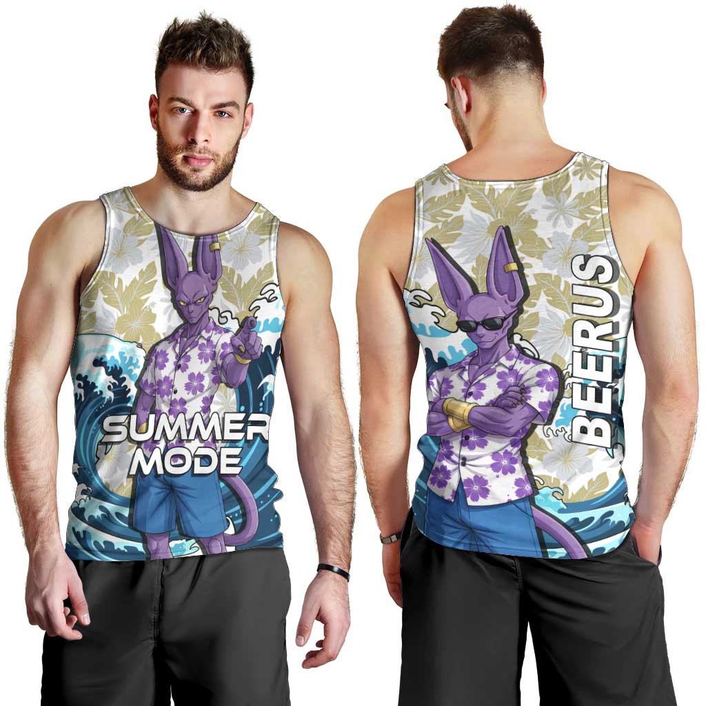 Beerus Dragon Ball Summer Theme Men Tank Top with Floral Shirt Sunglasses Shenron and Ocean Wave Background - The Mazicc