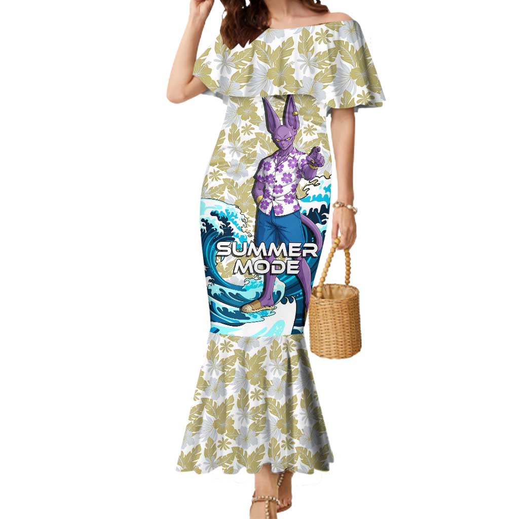 Beerus Dragon Ball Summer Theme Mermaid Dress with Floral Shirt Sunglasses Shenron and Ocean Wave Background - The Mazicc