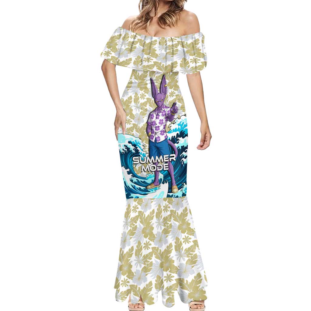 Beerus Dragon Ball Summer Theme Mermaid Dress with Floral Shirt Sunglasses Shenron and Ocean Wave Background - The Mazicc