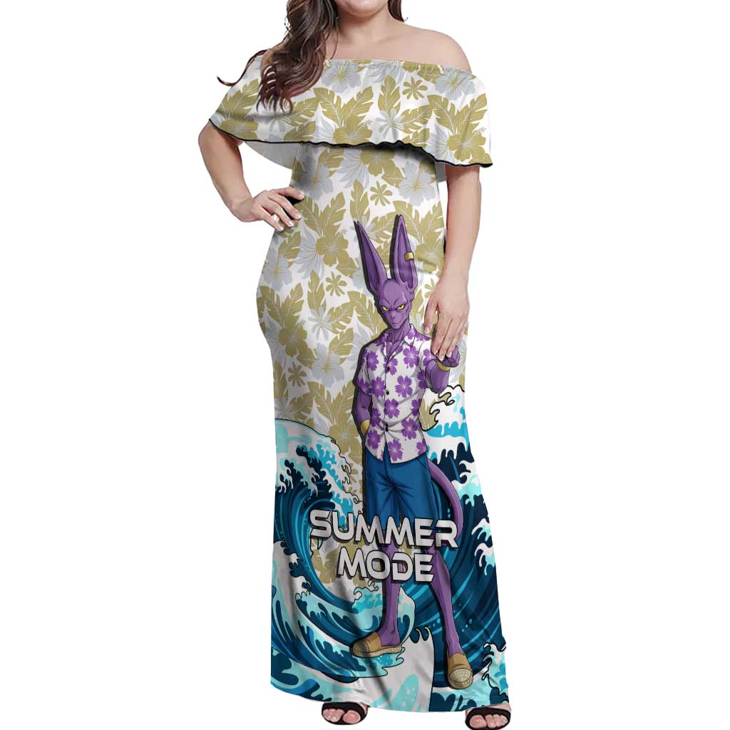Beerus Dragon Ball Summer Theme Off Shoulder Maxi Dress with Floral Shirt Sunglasses Shenron and Ocean Wave Background - The Mazicc