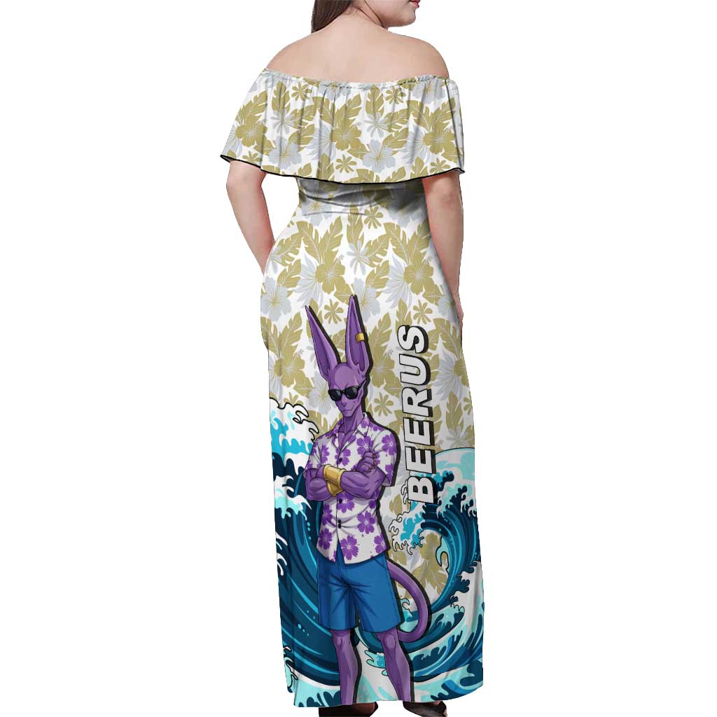 Beerus Dragon Ball Summer Theme Off Shoulder Maxi Dress with Floral Shirt Sunglasses Shenron and Ocean Wave Background - The Mazicc