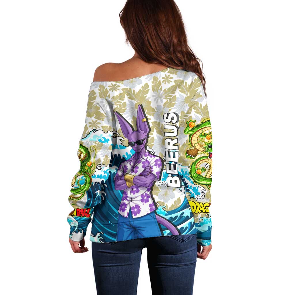 Beerus Dragon Ball Summer Theme Off Shoulder Sweater with Floral Shirt Sunglasses Shenron and Ocean Wave Background - The Mazicc