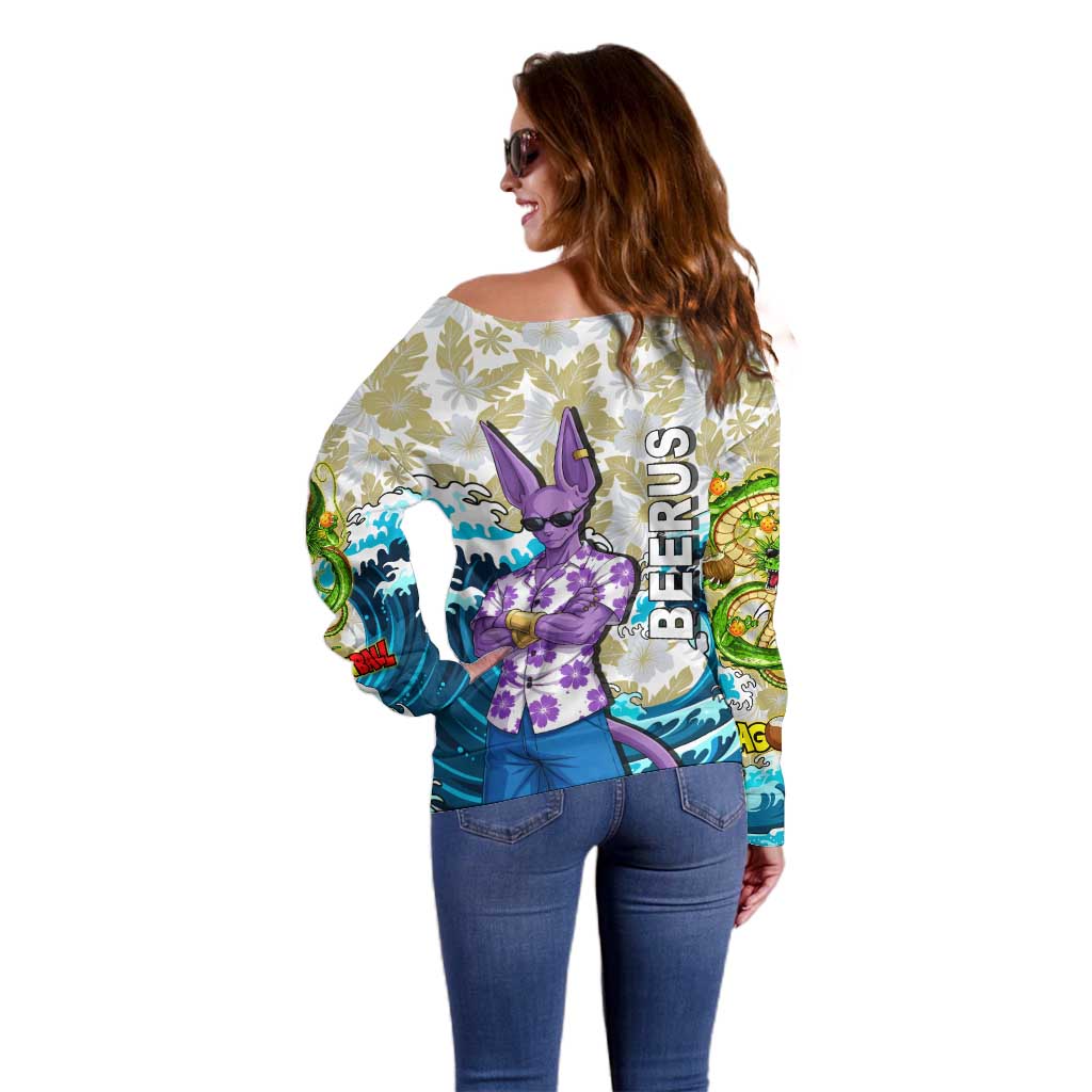 Beerus Dragon Ball Summer Theme Off Shoulder Sweater with Floral Shirt Sunglasses Shenron and Ocean Wave Background - The Mazicc