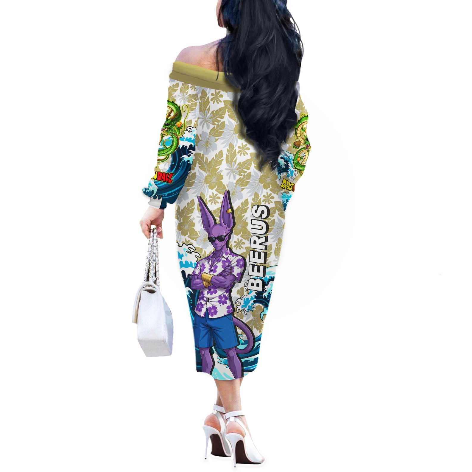 Beerus Dragon Ball Summer Theme Off The Shoulder Long Sleeve Dress with Floral Shirt Sunglasses Shenron and Ocean Wave Background - The Mazicc