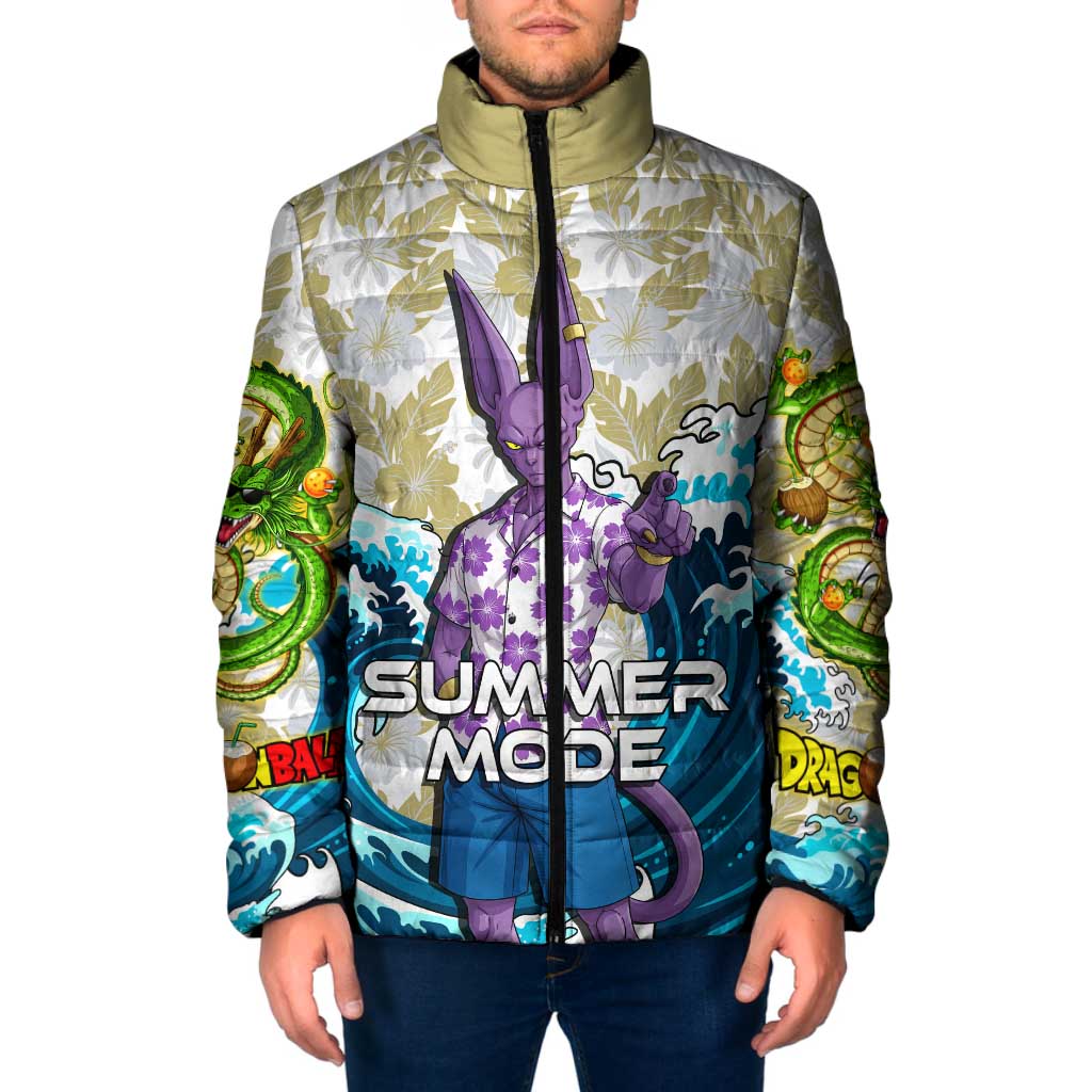 Beerus Dragon Ball Summer Theme Padded Jacket with Floral Shirt Sunglasses Shenron and Ocean Wave Background - The Mazicc