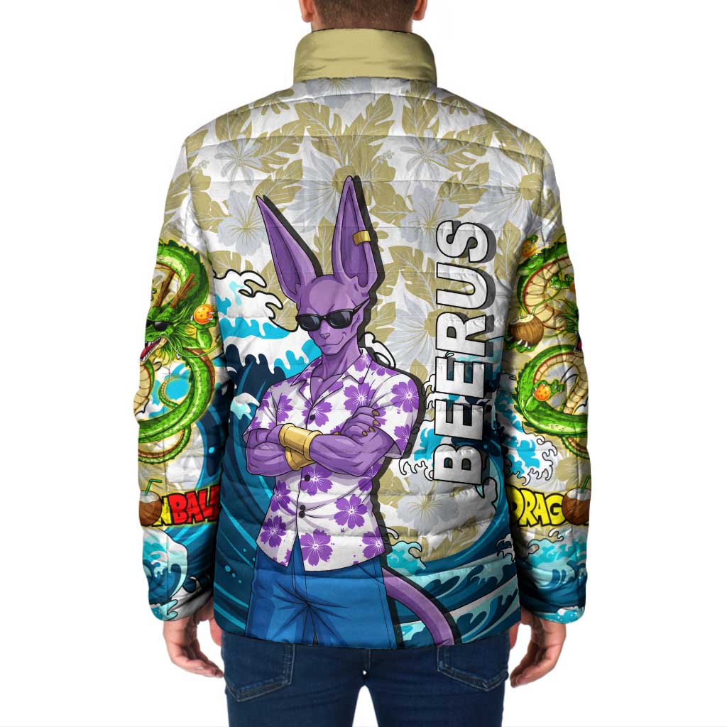 Beerus Dragon Ball Summer Theme Padded Jacket with Floral Shirt Sunglasses Shenron and Ocean Wave Background - The Mazicc