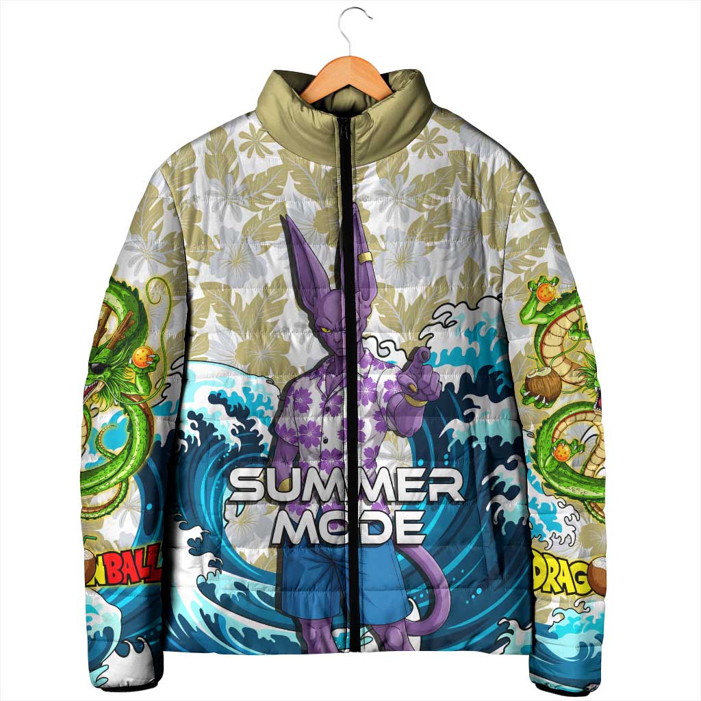 Beerus Dragon Ball Summer Theme Padded Jacket with Floral Shirt Sunglasses Shenron and Ocean Wave Background - The Mazicc