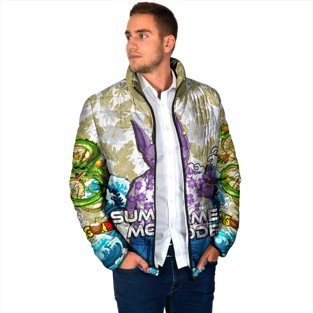 Beerus Dragon Ball Summer Theme Padded Jacket with Floral Shirt Sunglasses Shenron and Ocean Wave Background - The Mazicc