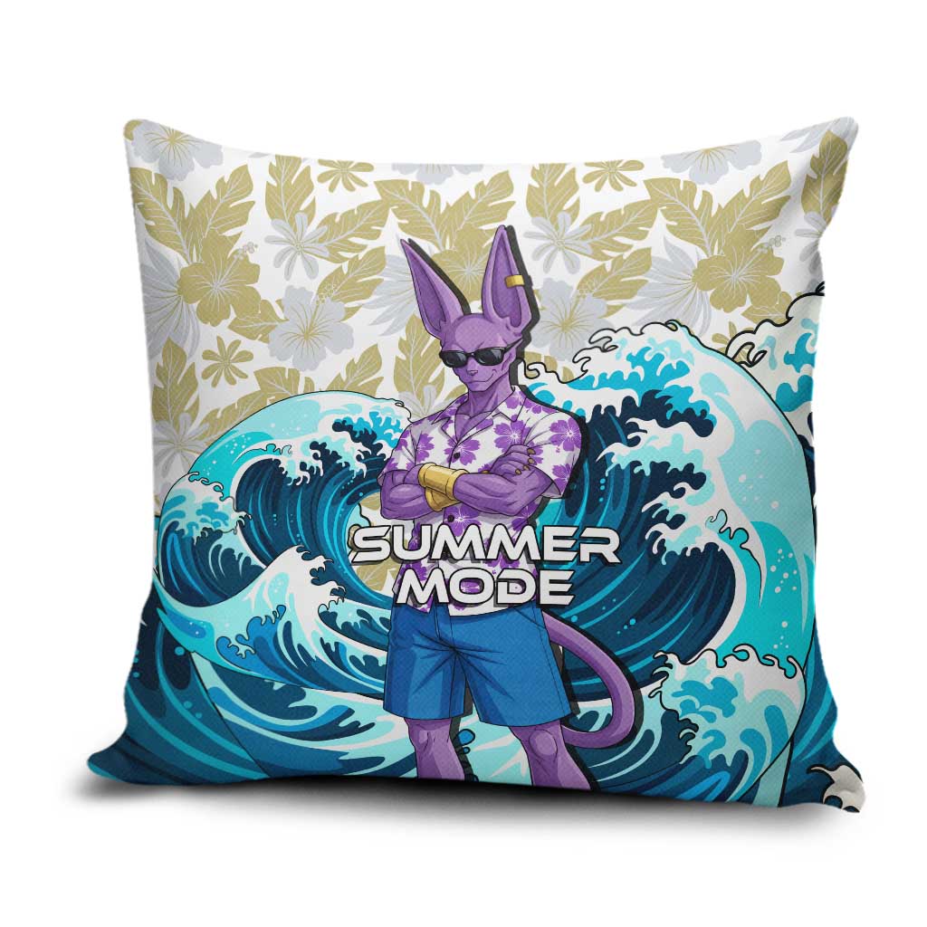 Beerus Dragon Ball Summer Theme Pillow Cover with Floral Shirt Sunglasses Shenron and Ocean Wave Background - The Mazicc