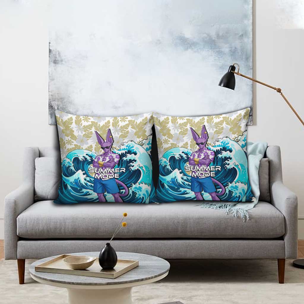 Beerus Dragon Ball Summer Theme Pillow Cover with Floral Shirt Sunglasses Shenron and Ocean Wave Background - The Mazicc