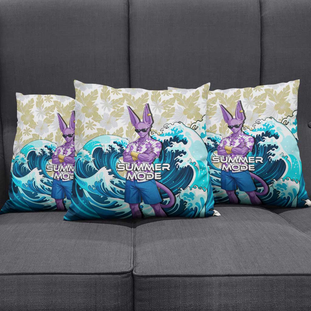 Beerus Dragon Ball Summer Theme Pillow Cover with Floral Shirt Sunglasses Shenron and Ocean Wave Background - The Mazicc