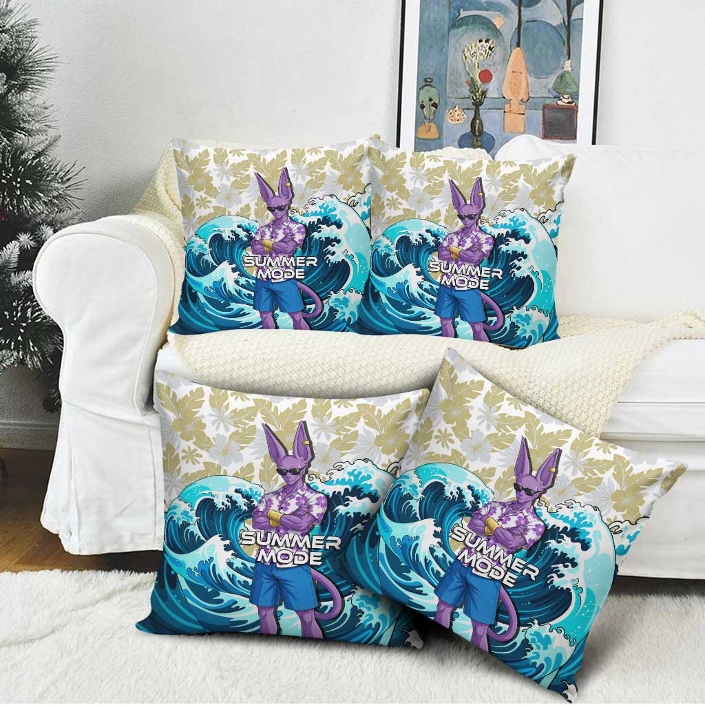 Beerus Dragon Ball Summer Theme Pillow Cover with Floral Shirt Sunglasses Shenron and Ocean Wave Background - The Mazicc