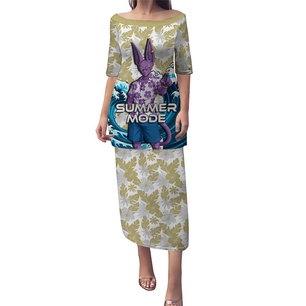 Beerus Dragon Ball Summer Theme Puletasi with Floral Shirt Sunglasses Shenron and Ocean Wave Background - The Mazicc