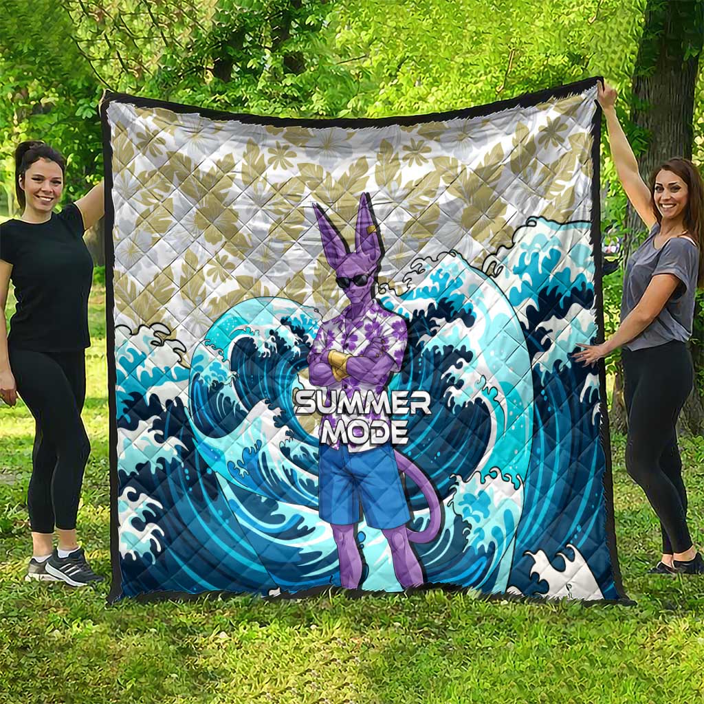 Beerus Dragon Ball Summer Theme Quilt with Floral Shirt Sunglasses Shenron and Ocean Wave Background - The Mazicc